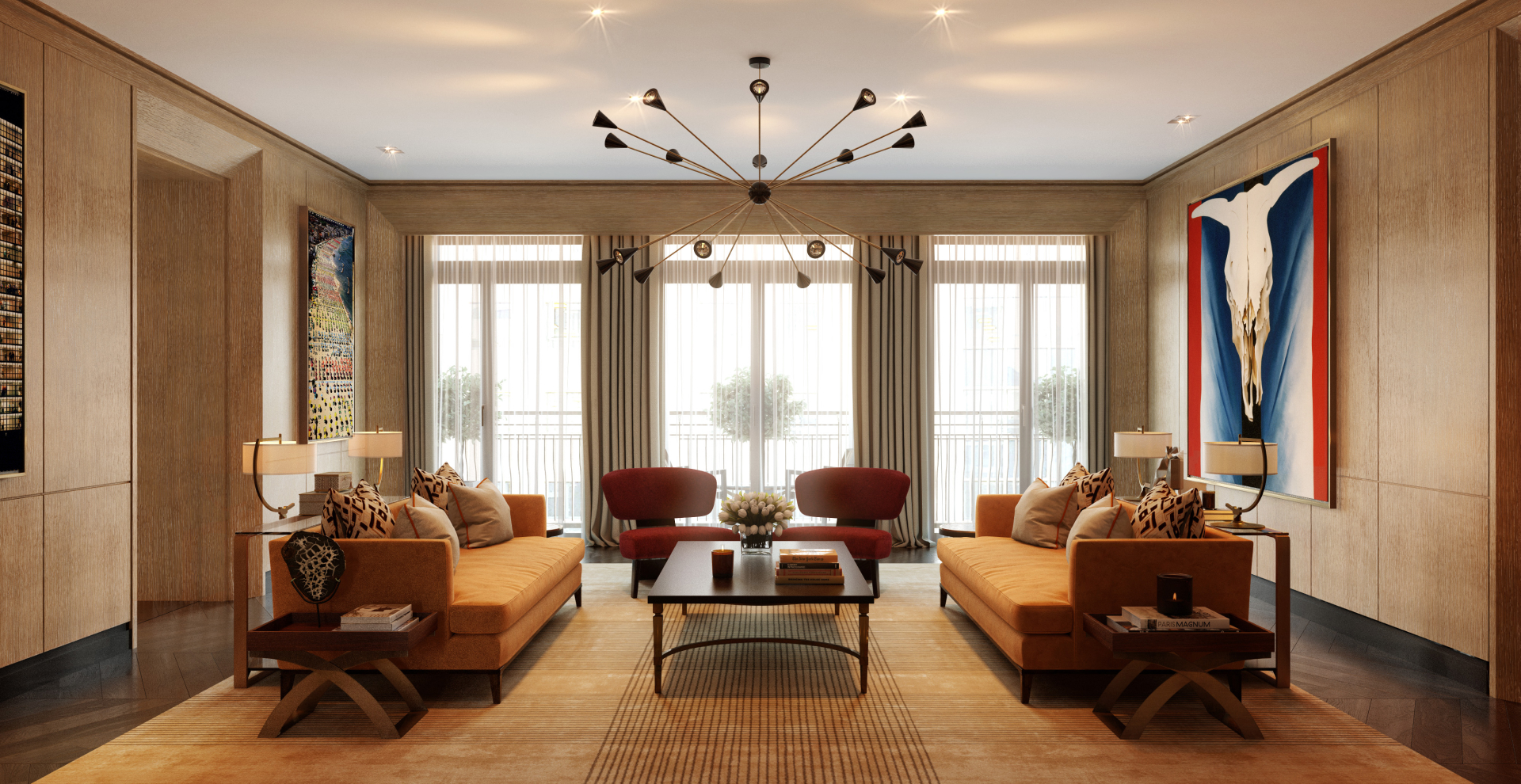 Reception room with cerused oak panelling